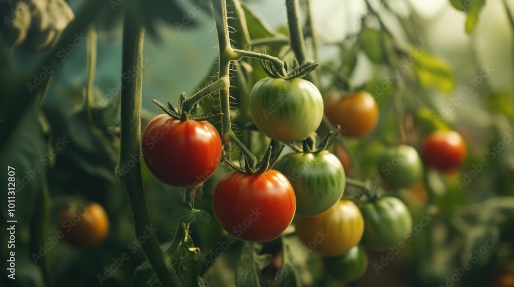 Ripe and unripe tomatoes hang from the vine in a greenhouse. They're vibrant and wholesome. Ripe and unripe tomatoes hang from the vine in a greenhouse. They're vibrant and wholesome.