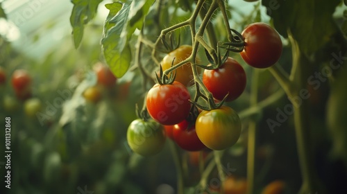 Ripe and unripe tomatoes hang from the vine in a greenhouse. They're vibrant and wholesome.