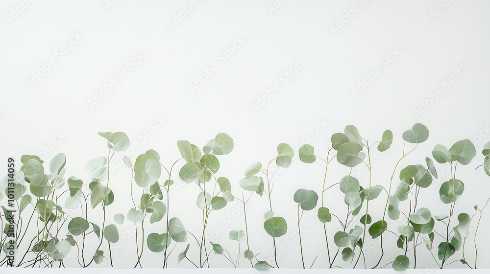 Obraz premium A serene arrangement of light green leaves set against a white surface, evoking a sense of tranquility.