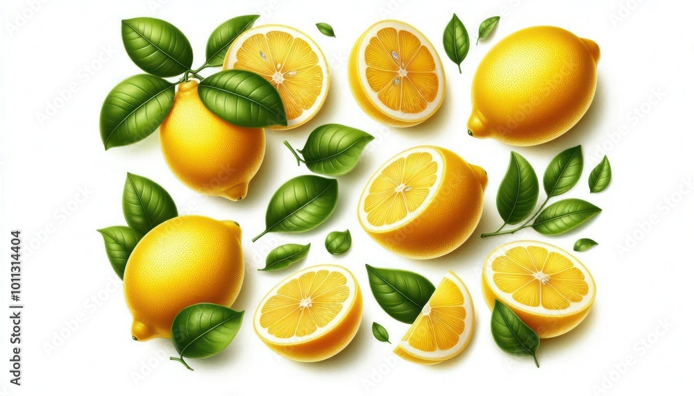 Set of lemons and leaves, isolated on white background Set of lemons and leaves, isolated on white background