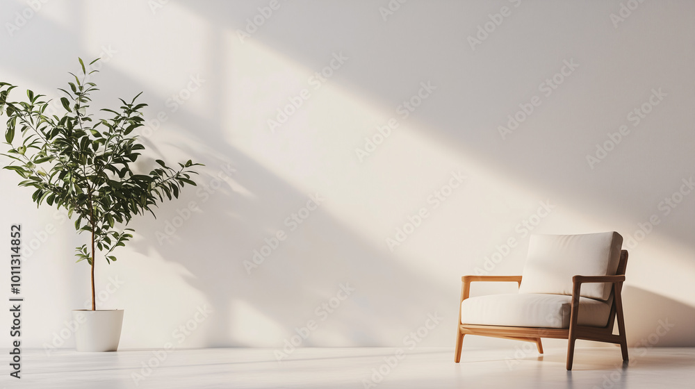 A stylish minimalist living room with a single armchair and a tall, statement plant next to it. Clean, uncluttered, with a focus on nature and simplicity A stylish minimalist living room with a single armchair and a tall, statement plant next to it. Clean, uncluttered, with a focus on nature and simplicity