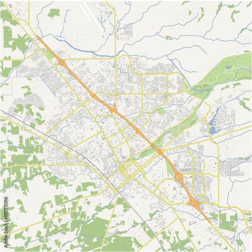 Map of Chico in California in a normal road map style. Contains layered vector with roads water, parks, etc.