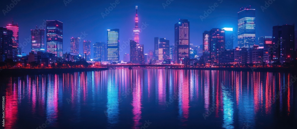 Neon cityscape reflection in water. Neon cityscape reflection in water.