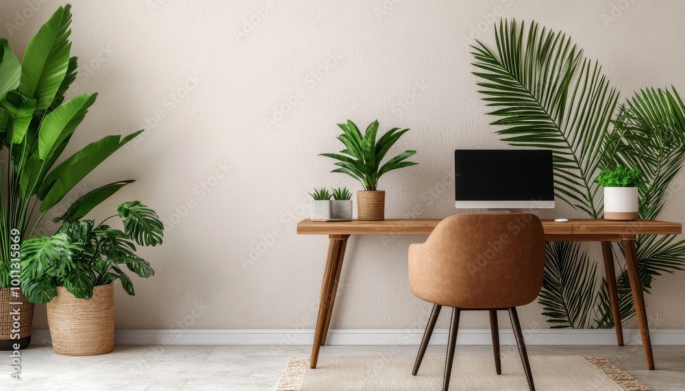Fototapeta premium Open office filled with ergonomic wooden desks, soft brown chairs, lush plants, and bright natural light, 3D rendering 