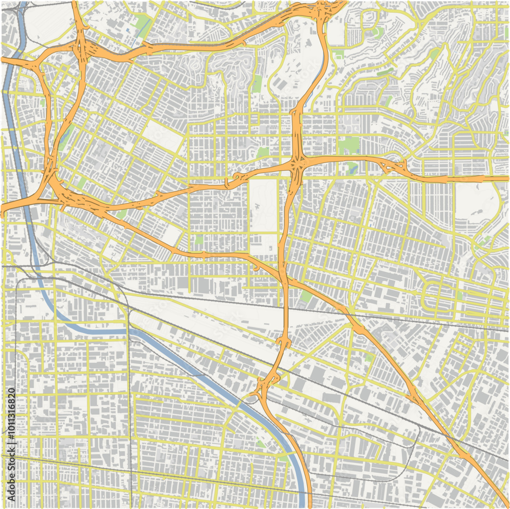 Obraz premium Map of East Los Angeles in California in a normal road map style. Contains layered vector with roads water, parks, etc.