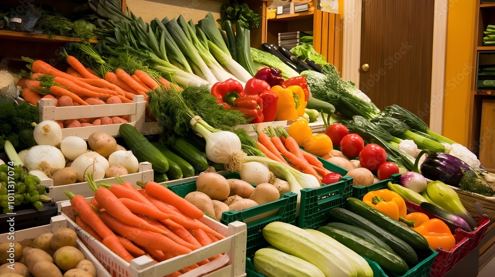 A photo of a grocery store produce section filled with fresh vegetables A photo of a grocery store produce section filled with fresh vegetables