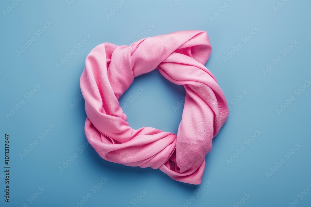 A pink fabric twisted into a loop on a blue background, showcasing textile design and color contrast A pink fabric twisted into a loop on a blue background, showcasing textile design and color contrast
