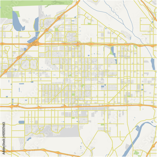 Map of Fontana in California in a normal road map style. Contains layered vector with roads water, parks, etc.