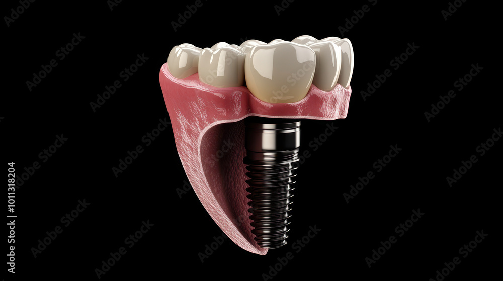 3D cross section of dental teeth implant showcasing its structure and integration with gum tissue. This detailed representation highlights components of dental restoration
