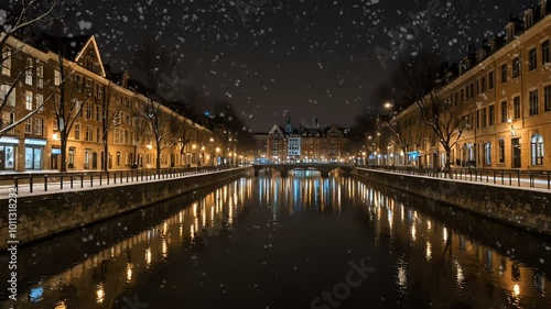 The beautiful cityscape at night in winter is mesmerizing. The streets are filled with white snow under the lights  Seamless looping 4k time-lapse animation video backgroundy photo