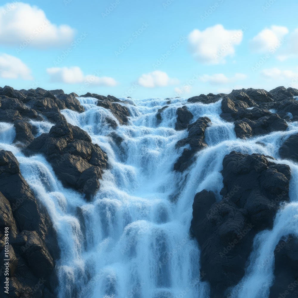 Close-up of waterfall, water rushing over jagged rocks, 3D illustration Close-up of waterfall, water rushing over jagged rocks, 3D illustration