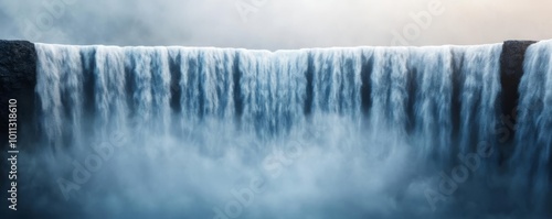 Dynamic water movement in towering waterfall, misty atmosphere, 3D illustration