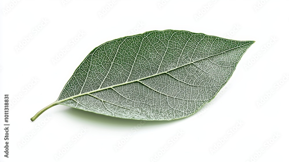 Obraz premium A single green leaf with intricate veins, placed flat on a clean white background to highlight its details.