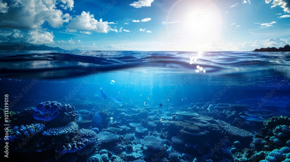 Fototapeta premium Stunning split view of the ocean surface and vibrant coral reef below.