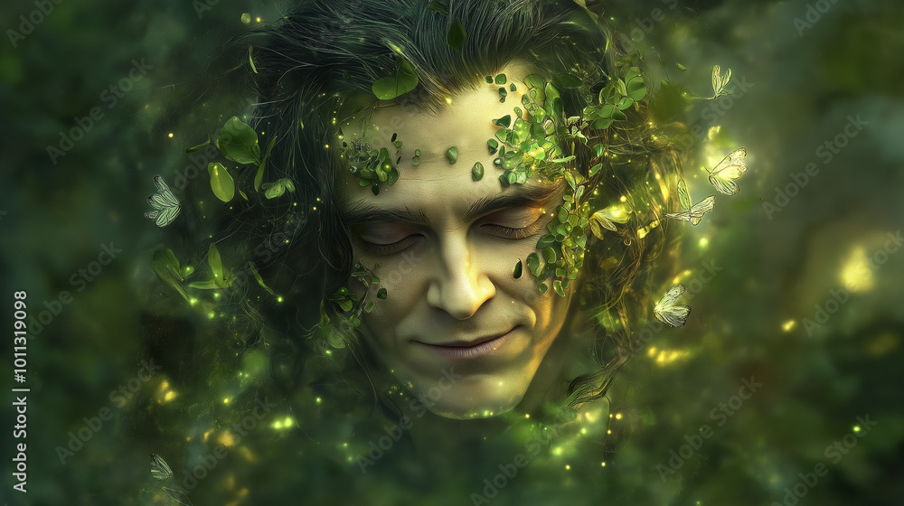 Enchanting character with leaves and butterflies in magical green atmosphere Enchanting character with leaves and butterflies in magical green atmosphere