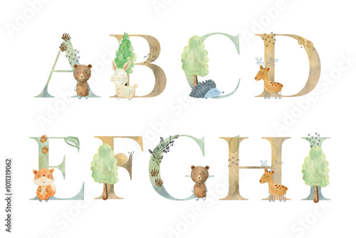 Watercolor animals letters.