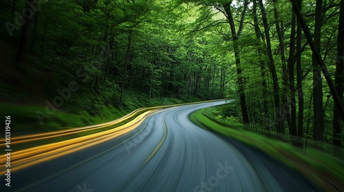 A road meanders through a verdant forest while passing cars cause motion blur. The vehicle drives along the road between lush trees, displaying a balanced environment and the allure of road trips.