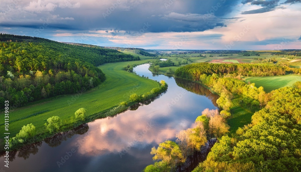 Aerial View of Serene Countryside River Aerial View of Serene Countryside River