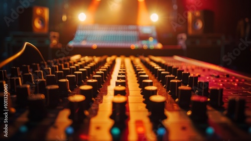 Close-up of a soundboard with knobs and faders in a dimly lit concert venue. photo