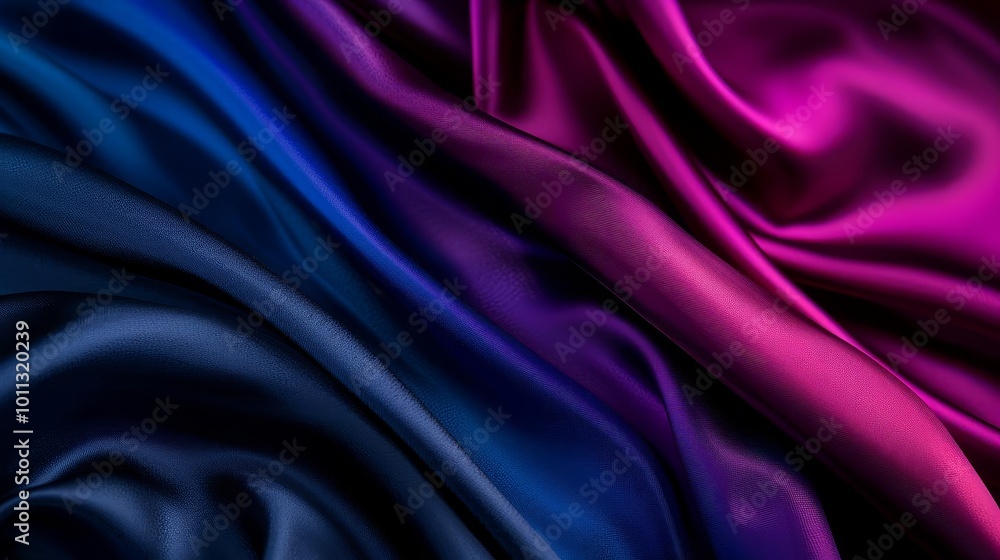 Fototapeta premium Close-up of flowing purple and blue silk fabric with soft, elegant draping.