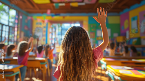 A girl with long hair raising her hand in class, many children sitting at desks in the background, colorful and cheerful classroom atmosphere.