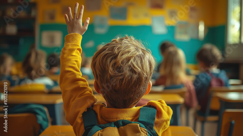 Little boy raising his hand in class at school. A back view of the little child sitting at her desk with other children behind his.