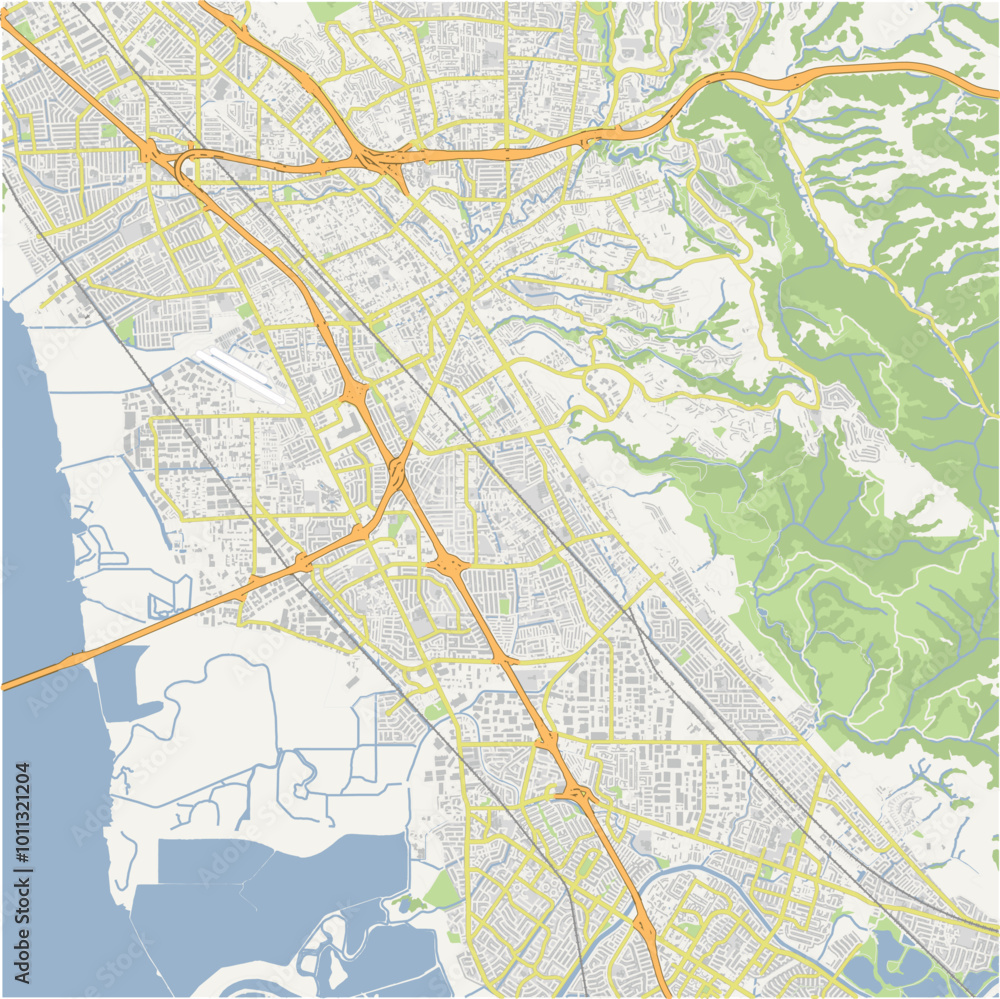 Fototapeta premium Map of Hayward in California in a normal road map style. Contains layered vector with roads water, parks, etc.