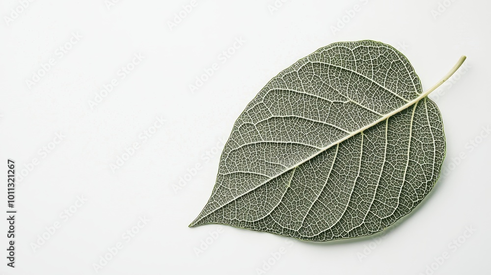 Obraz premium A single leaf with intricate veins and rich green color, positioned on a clean white background for emphasis.