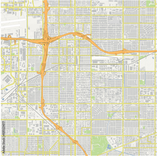 Map of Hawthorne in California in a normal road map style. Contains layered vector with roads water, parks, etc.