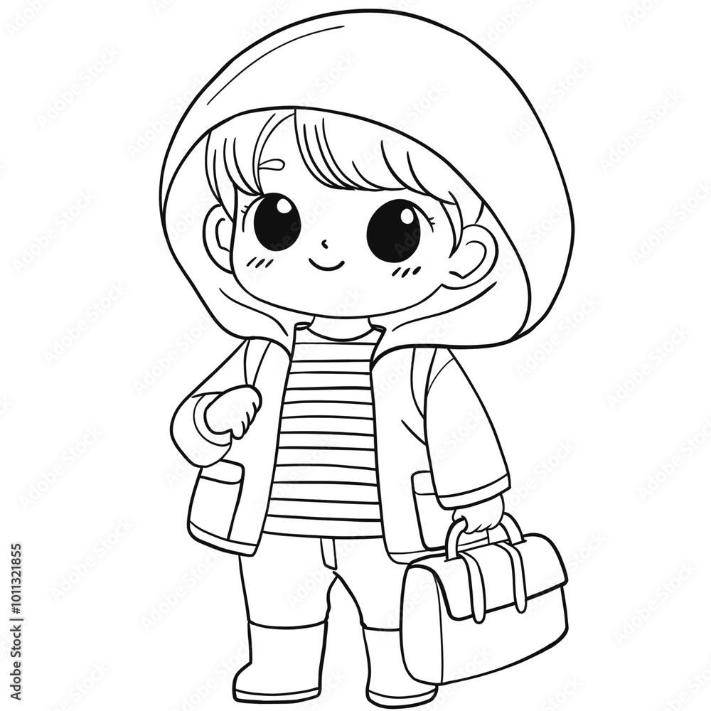 Boy in raincoat hand drawing outline Boy in raincoat hand drawing outline