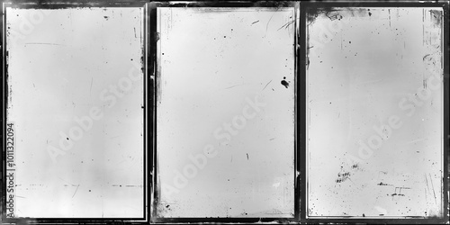 Set of three grunge paper textures with dust and scratches. Background overlay.