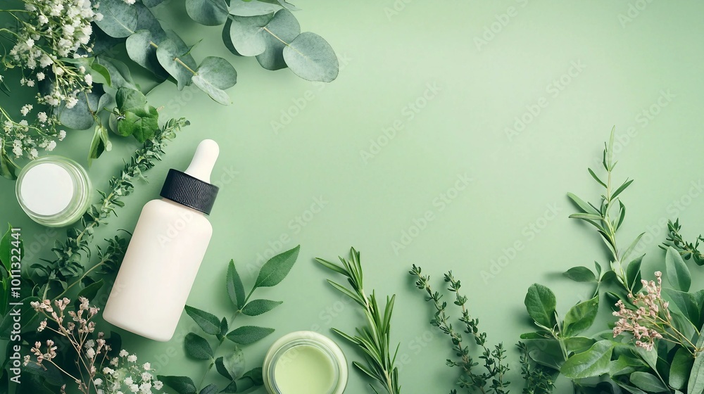 Eco-Friendly Skincare and Wellness: Botanical Ingredients with Green Leaf Arrangement Eco-Friendly Skincare and Wellness: Botanical Ingredients with Green Leaf Arrangement