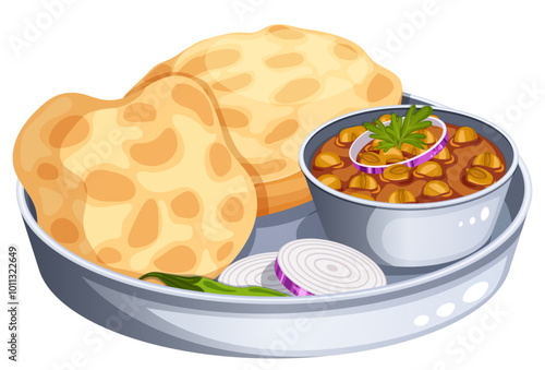 Chole Bhature in Silver Thali Side View. Authentic Indian Breakfast Cuisine. Chickpea Curry with Fried Flatbread, Sliced Onions and Green Chili Pepper