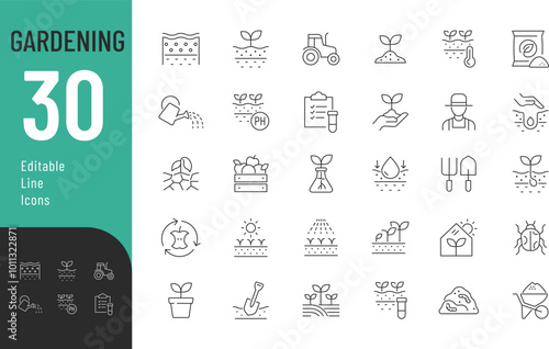 Gardening Line Editable Icons set. Vector illustration in modern thin line style of horticultural icons: soil quality, care and stages of plant cultivation, and more. Pictograms and infographics for 