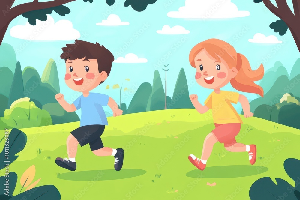 Kids running flat design front view park theme animation Complementary Color Scheme Kids running flat design front view park theme animation Complementary Color Scheme