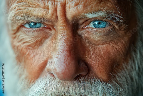  Close-up of an elderly man’s face, his blue eyes conveying deep wisdom and a warmth that reflects his long life and experiences, highlighting his kind nature.