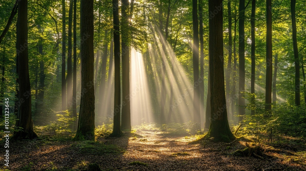 Obraz premium A bright sunlight beam filtering through the trees in a dense forest, casting shadows and light patterns on the forest floor.