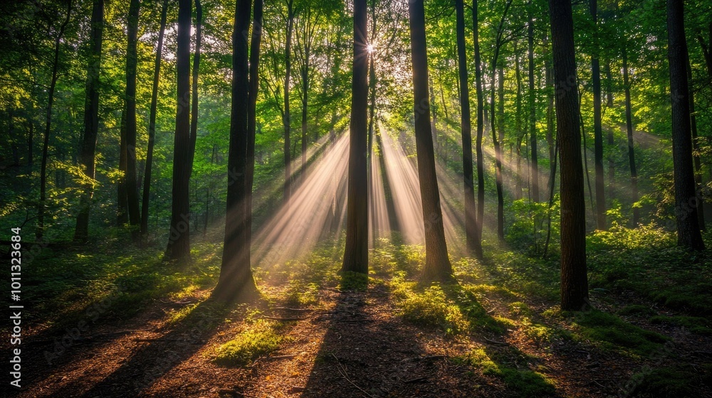 Obraz premium A bright sunlight beam filtering through the trees in a dense forest, casting shadows and light patterns on the forest floor.