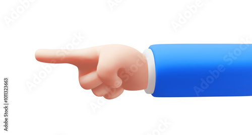 Vector illustration of man hand point gesture to left on white color background. 3d style design of fore finger point gesture male white skin hand in blue sleeve of business costume