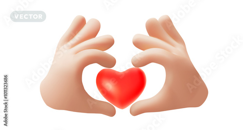 Vector love and care illustration of gesture hand hold red heart on white color background. 3d style romantic design of man white skin hand give heart for health care banner, valentine day card