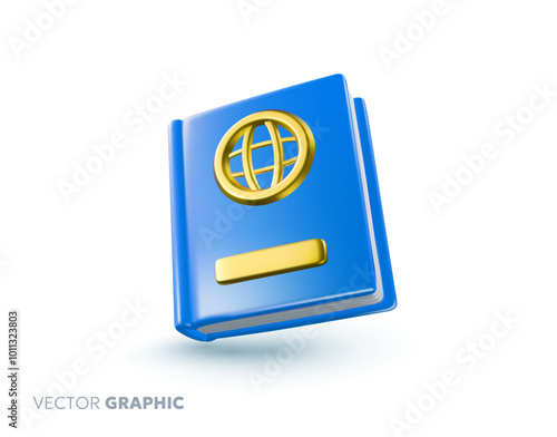 Vector illustration of blue passport with shine leather cover and shadow on white color background. 3d style cartoon design of id document with globe sign