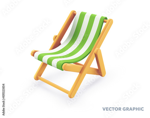 Vector summer illustration of green striped beach chair with shadow on white background. 3d style cartoon design of summer wooden folding deck chair for pool