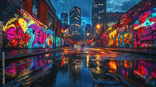 Urban Street With Bright Neon Graffiti Covering The Walls, Neon Lights Reflect Off The Wet Pavement After A Rainstorm, Cyberpunk Vibe