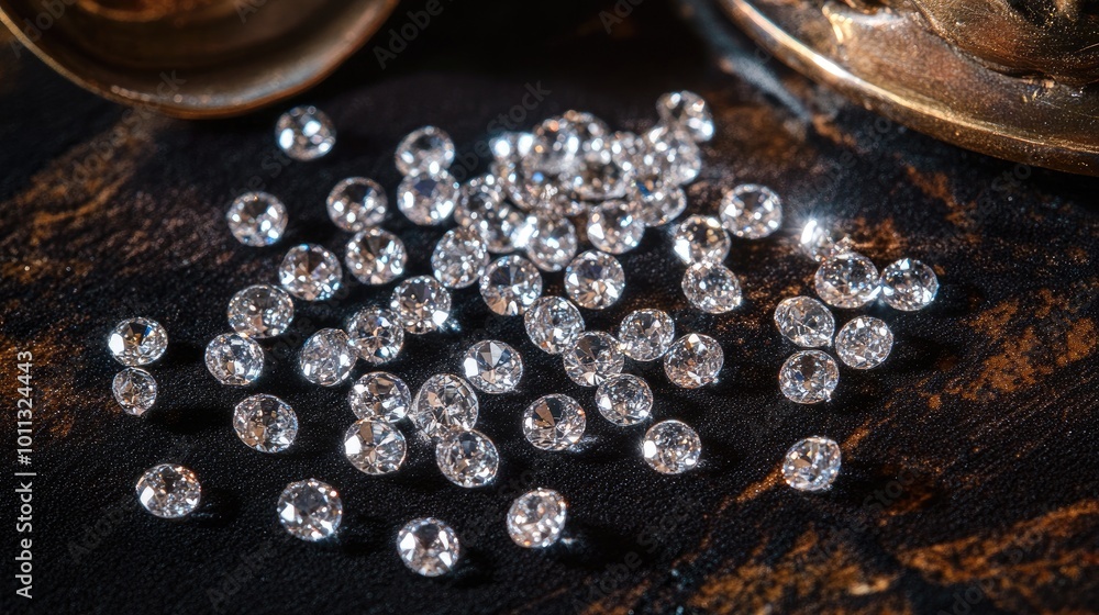 A cluster of loose diamonds scattered across a dark velvet surface, each stone shimmering with a unique light. A cluster of loose diamonds scattered across a dark velvet surface, each stone shimmering with a unique light.