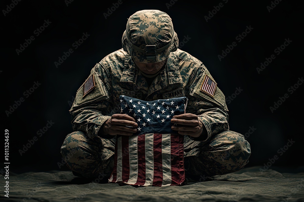 Soldier in uniform sitting with folded American flag, symbolizing honor ...