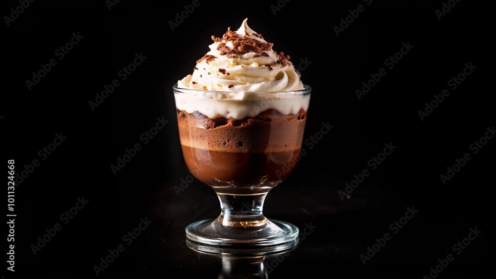 Close-up of a chocolate mousse dessert with whipped cream and chocolate shavings in a glass on a black background. Close-up of a chocolate mousse dessert with whipped cream and chocolate shavings in a glass on a black background.