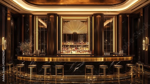 Majestic art deco bar with polished black marble counters and goldtrimmed stools, warm backlighting creates a glowing ambiance, frontfacing low angle