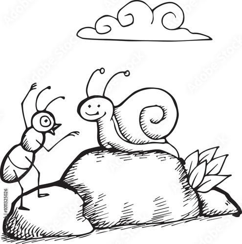 Ants and snails are chatting in fable story hand drawn sketch. illustration of ant and the grasshopper fairy tale