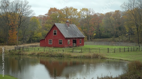 A peaceful red barn surrounded by autumn foliage and a serene pond in a rural landscape