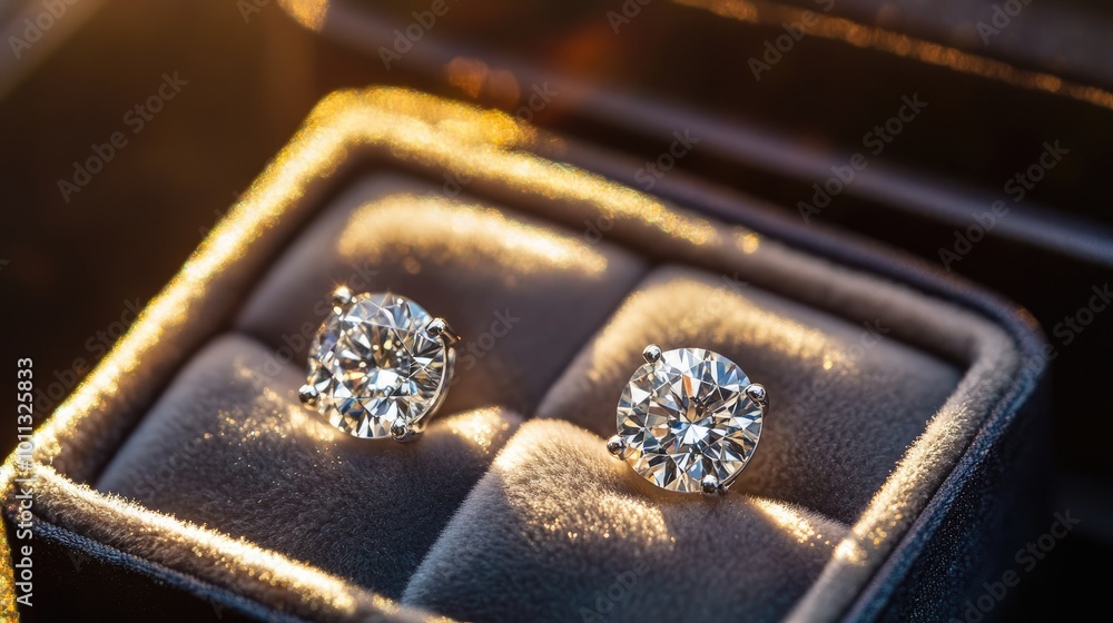 A pair of diamond earrings in a soft velvet box, catching the light in an elegant, upscale jewelry showcase. A pair of diamond earrings in a soft velvet box, catching the light in an elegant, upscale jewelry showcase.